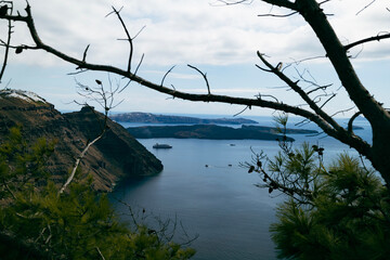 Caldera view with Nea Kameni volcano Santorini, Greece