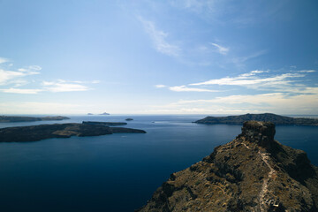 Caldera view from Imerovigli - New Volcano (New Kamini) and Sakaros Rock in Santorini, Greece 2022