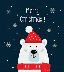 Christmas greeting card with cute polar bear
