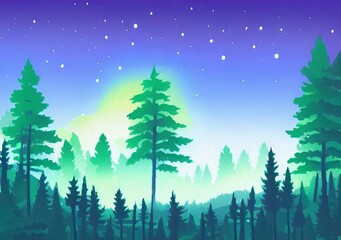 Fototapeta na wymiar Digital drawing night forest landscape illustration