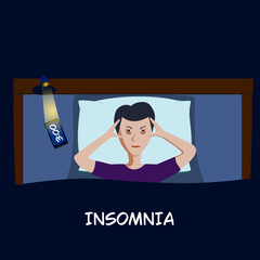 Sleepless person hostile to insomnia. An awake guy with possible eyes lies on the bed. A man cannot sleep under the covers thinking about his problem