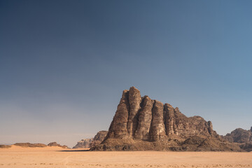 Seven Pillars of Wisdom or Jabal al-Mazmar Mountain in the Desert of Wadi Rum, Jordan