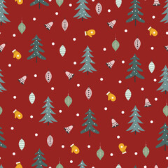 Allover holly jolly Christmas seamless surface pattern. Exquisite arrangements of Xmas ornaments. Christmassy repeat texture