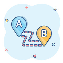 Map pin icon in comic style. Gps navigation cartoon vector illustration on white isolated background. Locate position splash effect business concept.