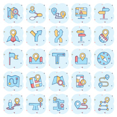 Navigation icon set in comic style. Gps direction cartoon vector illustration on white isolated background. Locate pin position splash effect business concept.