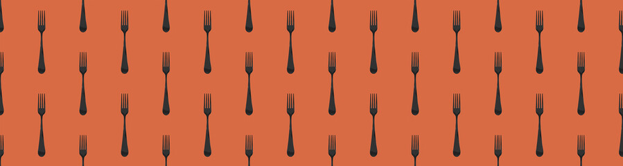 pattern. Fork top view on red orange background. Template for applying to surface. Banner for insertion into site. Flat lay. 3D image. 3D rendering.