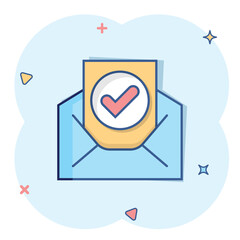Envelope with confirmed document icon in comic style. Verify cartoon vector illustration on white isolated background. Receive splash effect business concept.