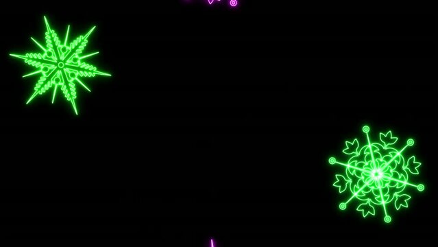 Animated neon snowflake. 3D neon color animation. Christmas neon animation. Neon snow.