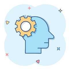 Human head with cogwheel icon in comic style. Technology progress cartoon vector illustration on white isolated background. Face and gear splash effect business concept.