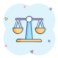 Scale balance icon in comic style. Justice cartoon vector illustration on white isolated background. Judgment splash effect business concept.