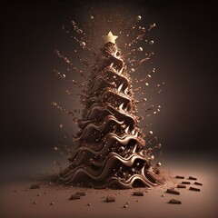 Christmas tree made of milk chocolate, splash of liquid, golden lighting 