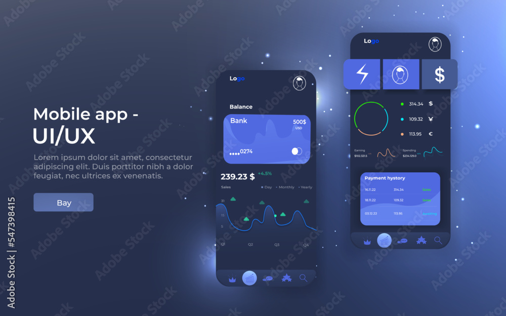 Poster online statistic, data analytics and finance and trading mobile app. smartphone app and ui, ux, kit 