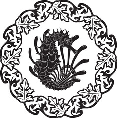 seahorse logo with floral frame vector design
