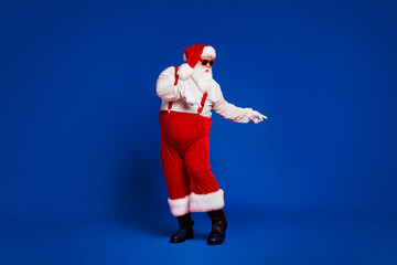Full length body size view of his he attractive cool funny fat white-haired Santa dancing having...