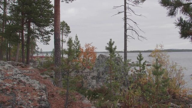 A view of colorful Inarij&auml;rvi in Lapland, Finland, in the autumn