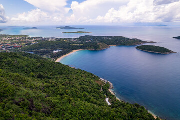 Fototapeta na wymiar Drone view of Tropical sea with high mountains located at Phahindum viewpoint new landmark in Phuket Thailand aerial view drone top down view