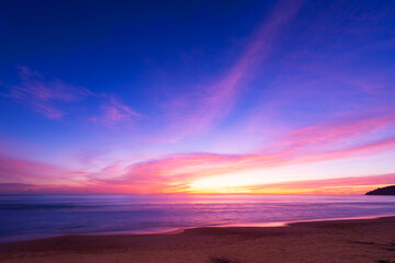 Fototapeta premium Sunset or sunrise sky clouds over sea,Beautiful sunlight in the ocean,Amazing nature landscape seascape Colorful sky clouds background