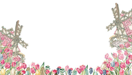 Floral seamless horizontal border with pink flowers, green leaves and plants, tulips. Watercolor pattern on a white background, panoramic illustration of a spring meadow.Perfect for for postcards.