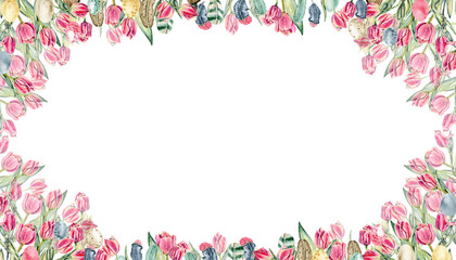 Floral seamless horizontal border with pink flowers, green leaves and plants, tulips. Watercolor pattern on a white background, panoramic illustration of a spring meadow.Perfect for for postcards.