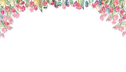 Floral seamless horizontal border with pink flowers, green leaves and plants, tulips. Watercolor pattern on a white background, panoramic illustration of a spring meadow.Perfect for for postcards.