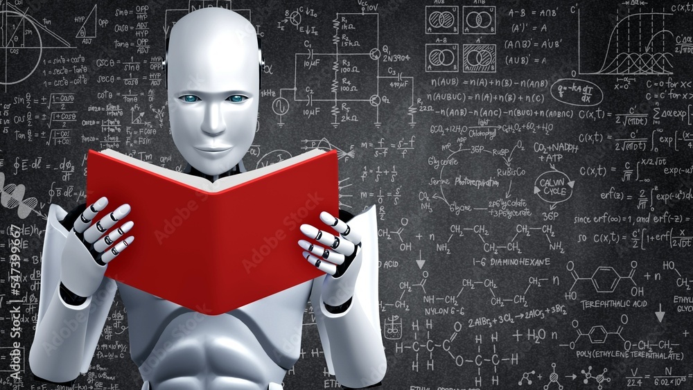 Aufkleber 3d rendering of robot hominoid reading book and solving math data analytics in concept of future mat