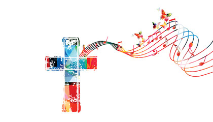 Colorful vibrant Christian cross with musical notes stave isolated. Vector illustration. Religion themed design for Christianity, church service, communion and celebrations. Church choir background	 - 547399654