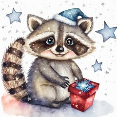 Cute little baby raccoon in winter hat taking red gift, Christmas decoration, watercolor illustration, greeting card design