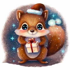 Naklejka premium Cute little baby squirrel with Christmas gift, watercolor illustration, greeting card design