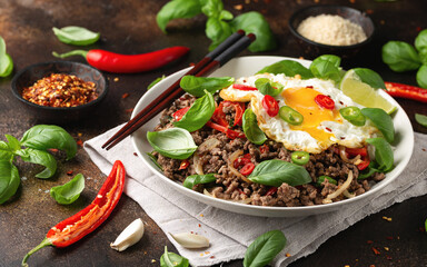 Stir Fried Pad Kra Pao with rice and egg in white plate