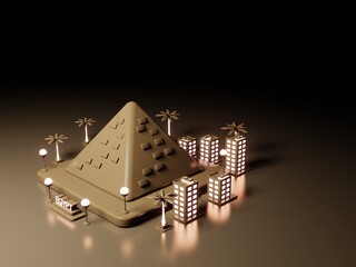 3d illustration Egypt city background with pyramid as a landmark in neon light style