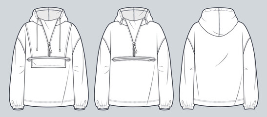 Unisex Hoodie technical fashion illustration. Set of Hoodie Sweatshirt fashion flat technical drawing template, pocket, zip-up, front and back view, white, women, men CAD mockup. © Liubov Hladka