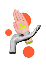 Vertical collage illustration of two human arms black white gamma hold painted growing plant...