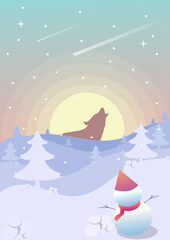 flat wallpaper winter illustration simple ,snowman ,wolf howling