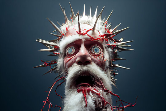 Horrific horror santa claus old man with spikes coming out and blood, gory and scary