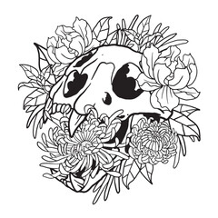 Floral Crysanthemum Flower Cat Skull Illustration Coloring Page