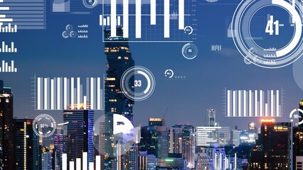 Business data analytic interface fly over smart city showing alteration future of business intelligence. Computer software and artificial intelligence are used to analyze big data for strategic plan .