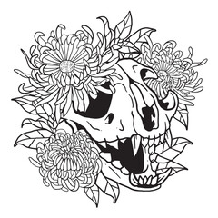 Floral Crysanthemum Flower Cat Skull Illustration Coloring Page