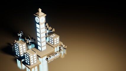 3d illustration England and Big ben as landmark background in neon light style