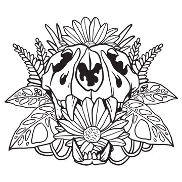 Floral Aroid Plant Cat Skull Illustration Coloring Page