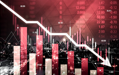 Economic crisis concept shown by digital indicators and graphs falling down with modernistic urban,...