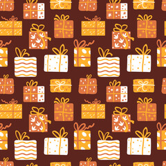 Seamless pattern with Christmas presents, various wrapped gift boxes