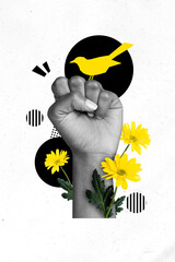 Vertical collage portrait illustration of person fist show intention save species environment...