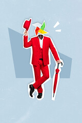 Vertical collage picture of guy wear red three-piece suit hand hold hat windmill spinner instead...