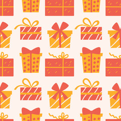 Seamless pattern with Christmas presents, various wrapped gift boxes
