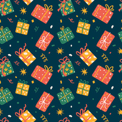 Seamless pattern with Christmas presents, various wrapped gift boxes