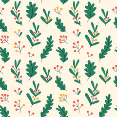 Seamless pattern with Christmas plants, fir-tree branches, holy tree berries