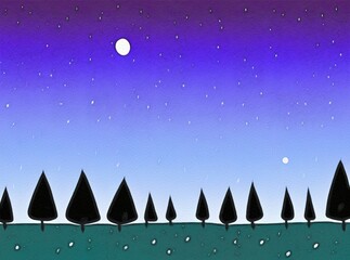 Digital painting with pastel drawing imitation beautiful forest night landscape. Trendy wall art print template, stylish design backdrop background. Naive art, whimsical art style