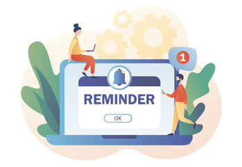 Reminder concept. New notice. Notifications page with notification bell on laptop. Important reminder. Event push message. Modern flat cartoon style. Vector illustration on white background
