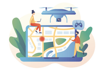 Fototapeta na wymiar Drone with camera. Drone videography, aerial photography, quadcopter operator, air survey services, drone photo on laptop. Modern flat cartoon style. Vector illustration on white background