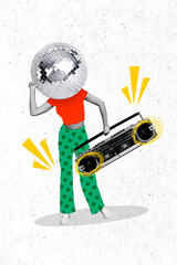 Vertical creative photo collage of funky headless girl disco ball instead of head dancing hold boombox isolated on white color background - obrazy, fototapety, plakaty